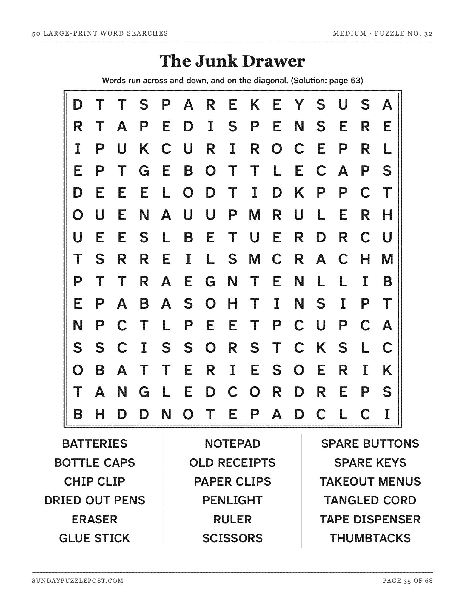 A large-print word search page from the book.
