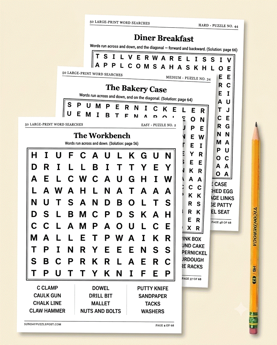 Three large-print word search pages from the book &mdash; an easy, a medium, and a hard puzzle &mdash; fanned out beside a pencil.